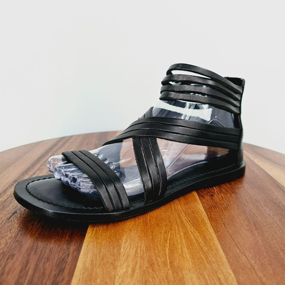 Garnet Hill Sandals 6.5 Giselle Italian Strappy Gladiator Black Leather Zip Back